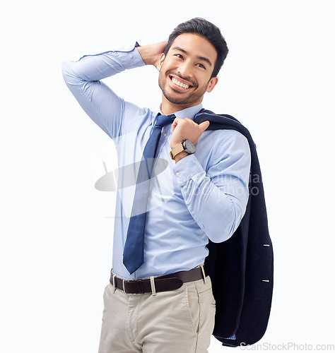 Image of Thinking, happy and a businessman on a white background for work, corporate fashion and idea. Smile, vision and an Asian employee with stylish clothes isolated on a studio backdrop for a professional