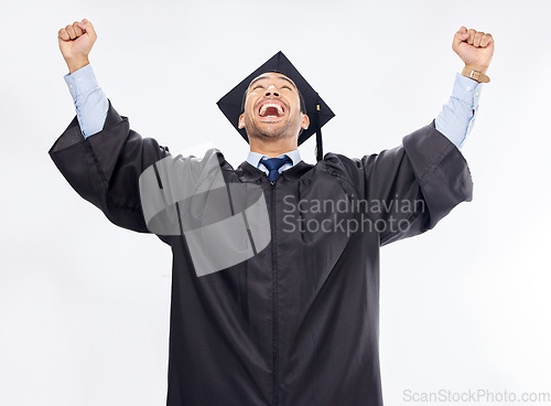 Image of Graduation, success and man in celebration of an achievement of diploma isolated in a studio white background. Winning, excited and student from a university or college happy for a certificate