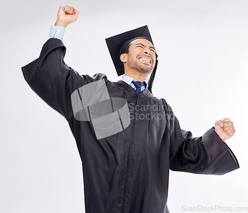 Image of Graduation, scholarship and man in celebration of an achievement of diploma isolated in a studio white background. Winning, excited and student from a university or college happy for a certificate