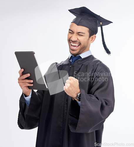 Image of Graduation, tablet and man in celebration of an internet achievement isolated in a studio white background. Diploma, excited and student from a online learning university or college with certificate