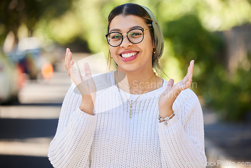 Image of Hijab, muslim and portrait of a woman in a park laughing feeling happy for religion on holiday or vacation for freedom. Happiness, smile and young Islamic person with joy, relax and positive mindset