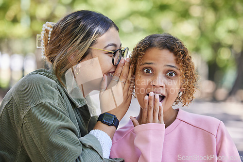 Image of Women in park, gossip and secret conversation together with surprise news, excited discussion and communication. Friends, talking in ear and bonding with confidential information, privacy and whisper