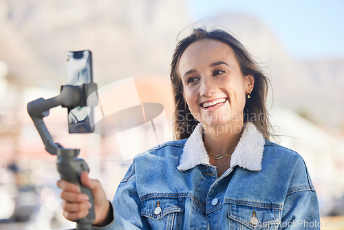 Image of Phone, selfie stick and happy woman, influencer or gen z person live streaming, broadcast or record social network video. Virtual media vlog, smartphone communication and girl podcast on mobile app