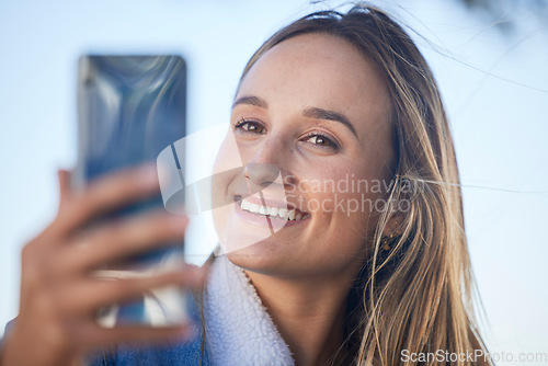 Image of Smile, city selfie and face of woman pose for memory profile picture, on video call communication and happy for holiday photo. Travel vacation, happiness and youth person post to social media