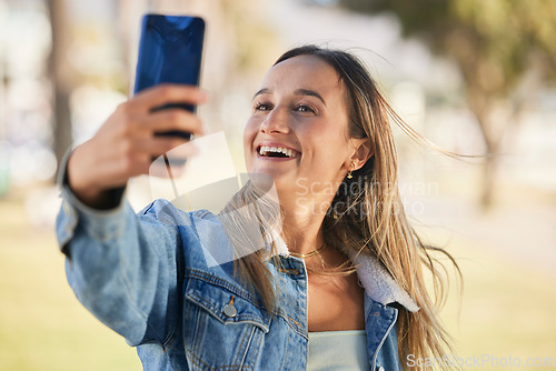 Image of Happiness, nature park selfie and woman pose for memory profile picture, post to social network and smile for holiday photo. Vacation, outdoor photography and gen z person update online media app