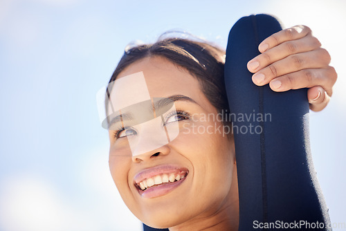 Image of Happy woman, fitness and stretching arms for workout, training or outdoor running with sky background. Female person, athlete or runner thinking in wonder with smile in body warm up for exercise