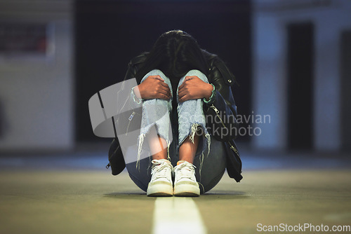 Image of Sad, crying and fear with woman on ground for depression, psychology and tired mockup. Mental health, fatigue and pain with female person feeling lonely for mistake, failure and burnout problem