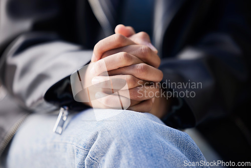 Image of Hands together, anxiety and woman with stress from mental health and wellness problem outdoor. Prayer, hope closeup and closeup of a person feeling nervous and sad with grief, fear and worried