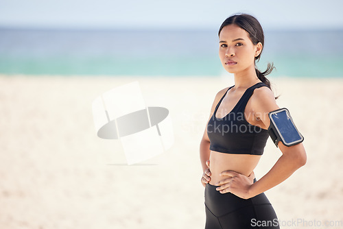 Image of Serious woman, portrait and fitness on beach for workout, training or outdoor exercise in confidence. Fit, active and confident female person ready for healthy wellness or cardio by ocean on mockup