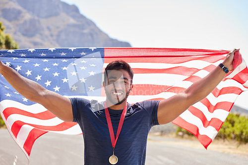 Image of Runner, winning and portrait of happy man with American flag on road for fitness goal, success or running. Proud sports champion, race winner or excited athlete with victory or gold medal in USA