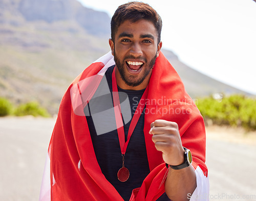 Image of Flag, excited winner or portrait of man with success on road for fitness goal, race or running competition. Proud National champion runner, winning or happy sports athlete with victory glory or medal