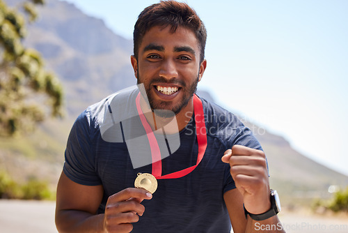 Image of Runner, winner and portrait of happy man with medal on road for fitness goal, winning or running race. Sports champion, success or face of excited athlete with competition victory in cross country