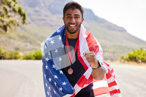 Image of USA, winner and portrait of happy man with American flag for fitness goal, success or running competition. Proud champion runner, winner or excited athlete with race victory or gold medal on road