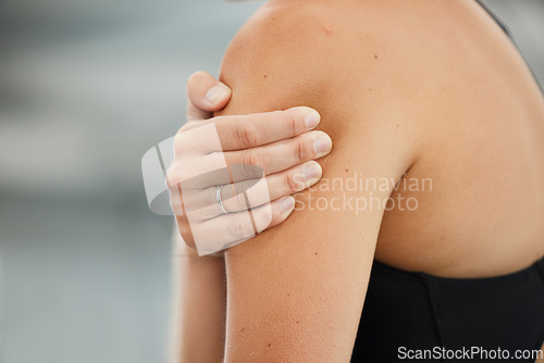 Image of Closeup, workout and woman with shoulder pain, injury and inflammation with muscle tension, sports accident and emergency. Zoom, hurt person and athlete with training, medical problem and challenge