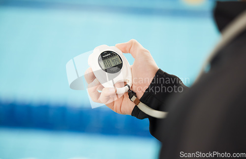 Image of Stopwatch, sports and hands of coach at swimming pool for training, workout and fitness tracker. Personal trainer, exercise and competition with closeup of person and timer for check and cardio