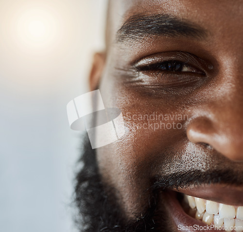 Image of Black man, face and portrait smile with teeth for dental care or hygiene against a studio background. Closeup of happy African male person in tooth whitening, oral or gum and mouth cleaning on mockup