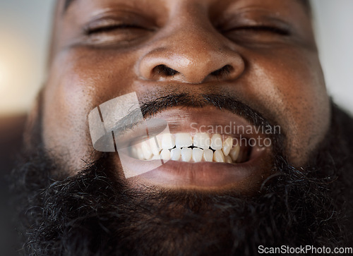 Image of Black man, face and smile with teeth for dental care or hygiene against a studio background. Closeup of happy African male person in tooth whitening, oral or gum and mouth cleaning at the dentist