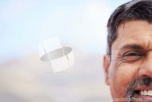 Image of Smile, half portrait and a man in nature with mockup for marketing or maintenance advertising. Happy, face and a mature contractor, worker or builder with bokeh space for construction information