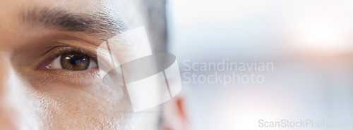 Image of Closeup eye, portrait and a man with mockup for vision, healthcare and banner of contact lens. Focus, space and face of an optometry patient advertising health and wellness of eyesight with bokeh