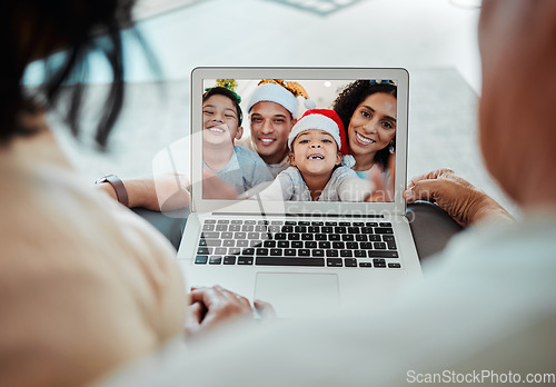 Image of Christmas, family and video call on laptop in portrait, happy and communication. Xmas, computer and kids with parents in online chat for celebration of holiday in virtual webinar with face of couple