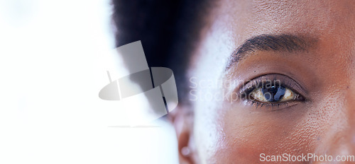 Image of White background, eye and portrait of black woman for vision, banner and health with mockup space. Macro, eyes closeup and face of female person for biometric or retina scan, contact lens and exam