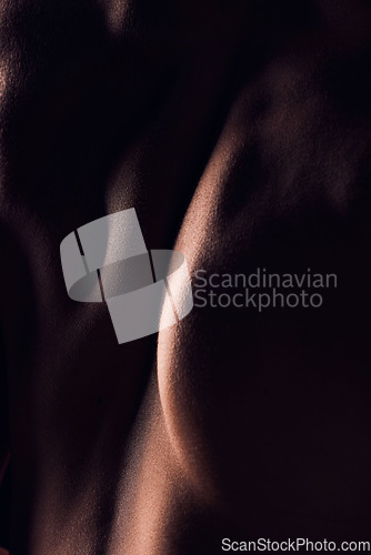 Image of Back, dark and body of person with artistic for skincare isolated in a studio background for health or wellness. Art deco, self care and closeup of natural creative skin texture for beauty in macro