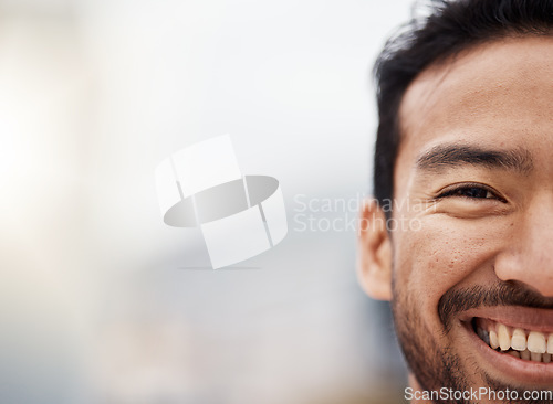 Image of Happy, face and closeup with half of man in mockup, background for advertising space with businessman. Portrait, smile and person with wellness, motivation and opportunity for future in career or job