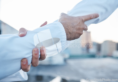 Image of Teamwork, hands and business men with support, unity and collaboration, integration and deal outdoor. Partnership, closeup and male team in agreement, support and commitment, solidarity or help