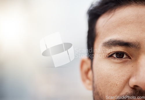 Image of Human, eye and closeup portrait of man with mockup, background for advertising space or banner of Asian person Serious face and vision or focus for wellness, health and thinking of future in care