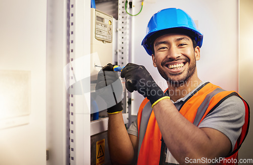 Image of Electrician, repair and portrait with man in control room for tools, mechanic or safety. Electricity, energy and power with Asian technician and check for generator, maintenance or circuit inspection