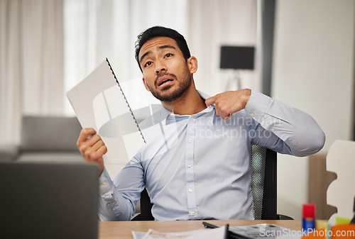 Image of Hot, heat and businessman with stress due to debt and shocked fan with paperwork and is sweaty in home office. Remote work, tired and frustrated employee with burnout or anxiety feeling overworked