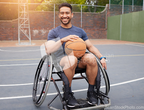 Image of Basketball player, portrait and man in wheelchair for sports, fitness and training game on court. Person with a disability, Mexican athlete and mobility equipment for ball match, exercise and workout