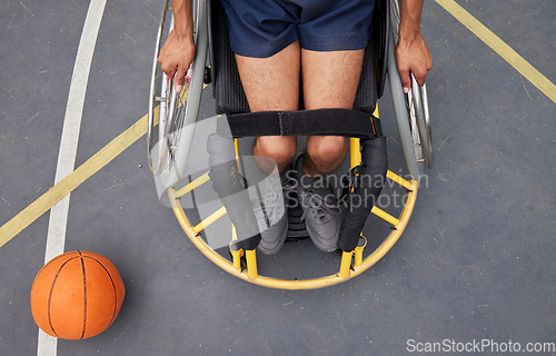 Image of Sports, basketball court and aerial of man in wheelchair for playing game, challenge and practice outdoors. Fitness, above and male person with disability with ball for training, workout and exercise