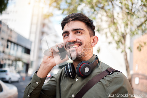 Image of Phone call, city and man travel outdoor with communication, connection or chat. Happy male student on urban road with smartphone and network for contact, mobile conversation or opportunity with smile