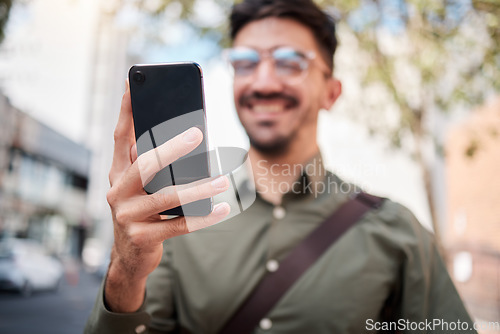 Image of Phone, city and hand of business man online for chat, social media and network in town. Travel, professional and closeup of male worker on smartphone for communication, website and search on commute