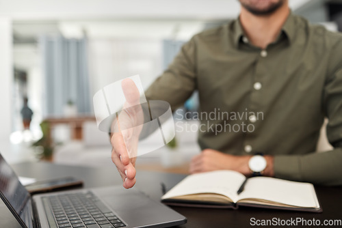 Image of Business man, closeup and recruitment for handshake at desk, hiring interview and HR meeting in office. Trust, employer and offer support for shaking hands in partnership, introduction and welcome