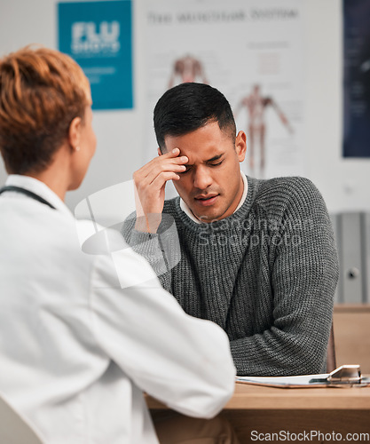 Image of Pain, headache and doctor with patient in consultation, exam or test in hospital clinic with stress. Burnout, fatigue and medical professional helping a tired person or sick man with nursing advice