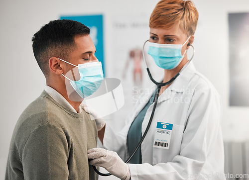 Image of Doctor, face mask or woman with man breathing for healthcare, nursing or clinic cardiology. Wellness services, cardiology or medical worker checking heart beat with listening equipment in hospital