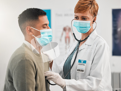 Image of Doctor, cardiology or woman with man breathing for healthcare, nursing or wellness in clinic. Asthma, cardiology service or medical worker checking heart beat with listening equipment in hospital