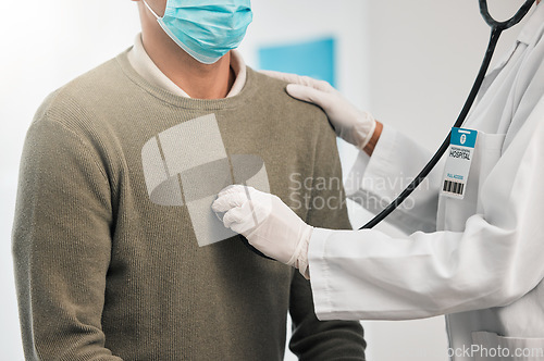 Image of Doctor, closeup or woman with patient breathing for healthcare, nursing or wellness in clinic. Asthma exam, test or hands of medical worker checking heart beat with listening equipment in hospital