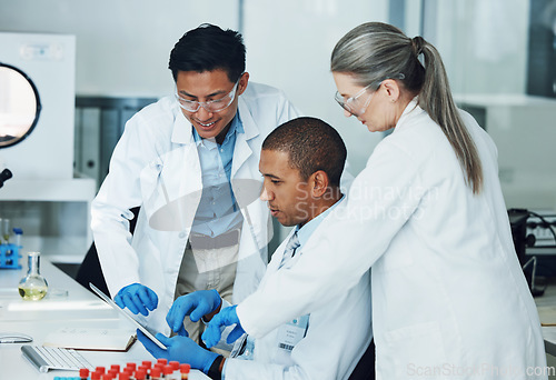 Image of People, tablet and collaboration in science laboratory for medical research, medicine and teamwork development. Mature scientist, mentor and technology for DNA healthcare and genetic engineering help