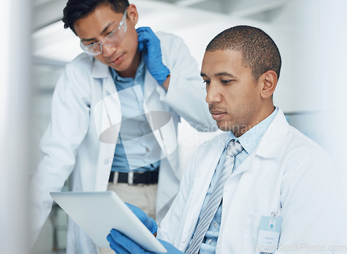 Image of Men, tablet and collaboration in science laboratory for medical research, medicine and teamwork development. Scientist, thinking and digital technology for DNA healthcare or genetic engineering ideas