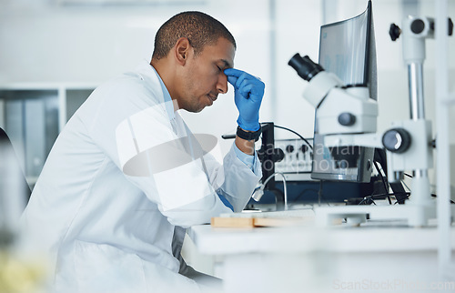 Image of Mental health, headache and lab scientist, man or expert with anxiety, depressed or frustrated with computer 404 error. Science, research fail and person stress over mistake, medical risk or migraine