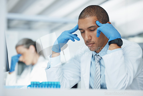 Image of Burnout, headache and lab scientist, man or expert with healthcare problem, depression or frustrated with error. Science laboratory, tired and person stress over mistake, medical risk or migraine