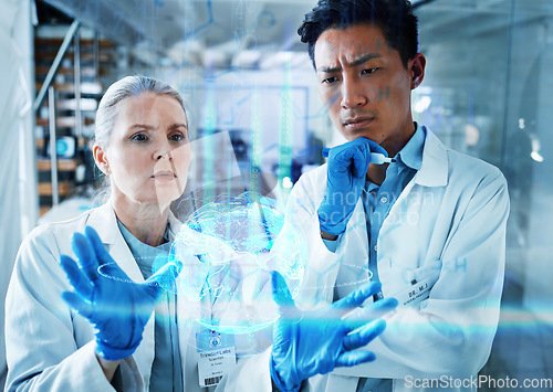 Image of Medical science, team and thinking with overlay of data hologram, information and brainstorming innovation. Scientist ideas, man and woman with holographic info, study results or problem solving.