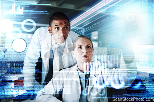 Image of Medical science, man and woman in overlay of data hologram, information and brainstorming innovation. Scientist, future technology and dashboard on holographic info, study results or problem solving.