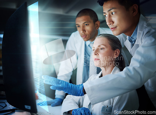 Image of Science, future technology and medical research team at computer with hologram, information and innovation. Scientist, men and woman with holographic info, results or data on screen for collaboration