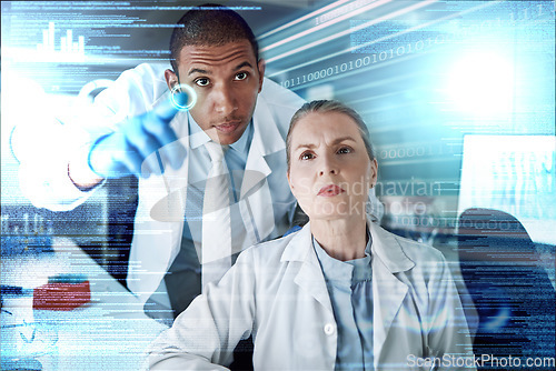 Image of Science, future technology and medical research with team at overlay computer hologram, information and data. Scientist, man and woman with holographic info, study results or dashboard for analysis.