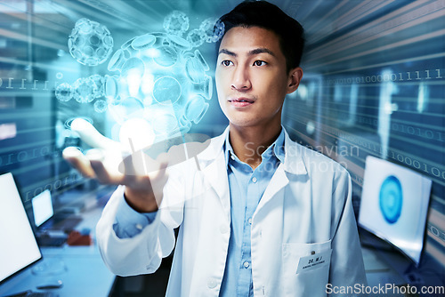 Image of Scientist, future technology and medical research overlay with hologram, virus information and innovation. Science, thinking and Asian man with holographic data, study results and problem solving.