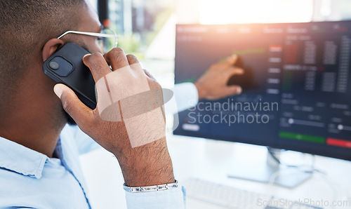 Image of Phone call, stock market or man trading on computer for investment stocks or future profit growth. Screen, crypto network or trader talking or speaking of financial info on online website in office